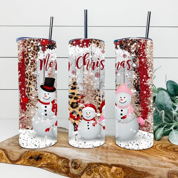 Merry Christmas Leopard Snowman 20oz Tumbler With Straw - Picture 2 of 2